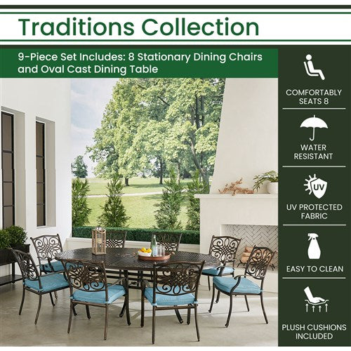 Hanover - Traditions 9pc: 8 Dining Chairs, 96"x60" Oval Cast Table - Blue/Bronze-United Backyard