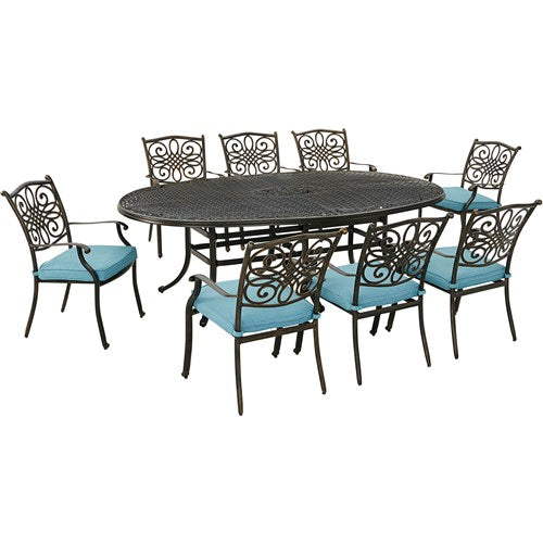 Hanover - Traditions 9pc: 8 Dining Chairs, 96"x60" Oval Cast Table - Blue/Bronze-United Backyard