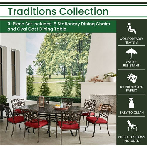 Hanover - Traditions 9pc: 8 Dining Chairs, 96"x60" Oval Cast Table - Red/Bronze-United Backyard