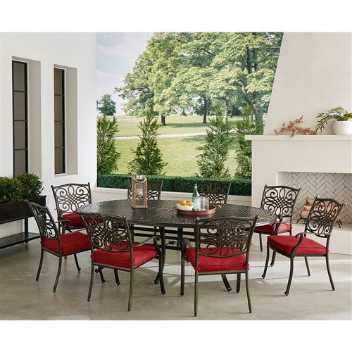 Hanover - Traditions 9pc: 8 Dining Chairs, 96"x60" Oval Cast Table - Red/Bronze-United Backyard