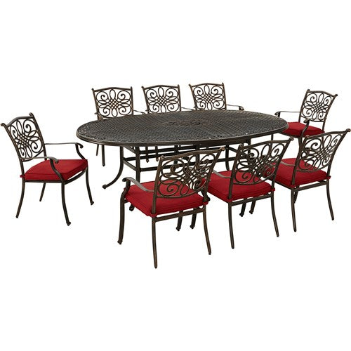 Hanover - Traditions 9pc: 8 Dining Chairs, 96"x60" Oval Cast Table - Red/Bronze-United Backyard