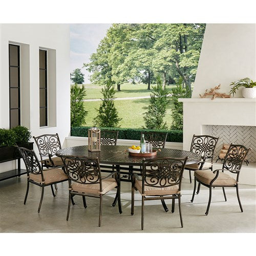 Hanover - Traditions 9pc: 8 Dining Chairs, 96"x60" Oval Cast Table - Tan/Bronze-United Backyard