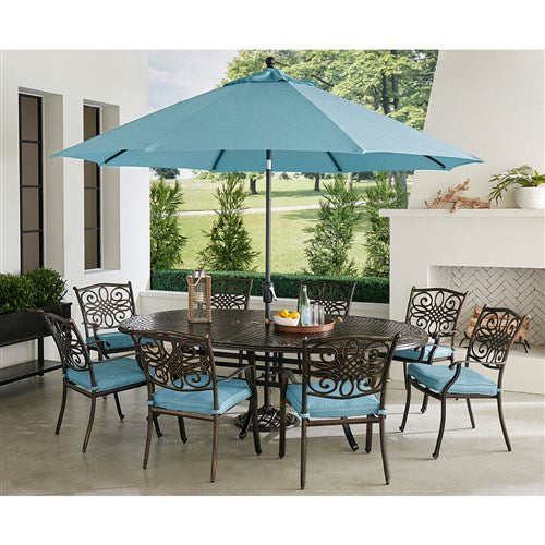 Hanover - Traditions 9pc: 8 Dining Chairs, 96"x60" Oval Cast Table, Umbrella, Base - Blue/Bronze-United Backyard