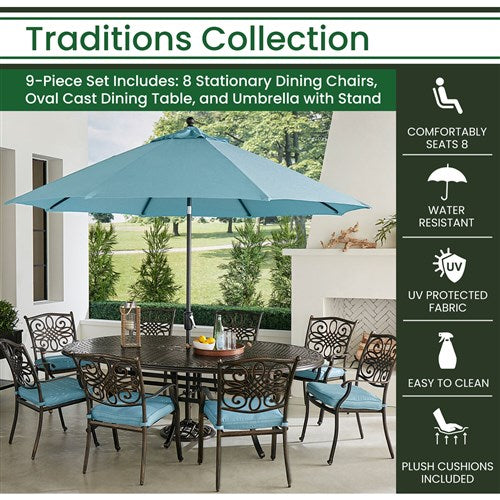 Hanover - Traditions 9pc: 8 Dining Chairs, 96"x60" Oval Cast Table, Umbrella, Base - Blue/Bronze-United Backyard