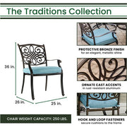 Hanover - Traditions 9pc: 8 Dining Chairs, 96"x60" Oval Cast Table, Umbrella, Base - Blue/Bronze-United Backyard