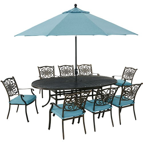 Hanover - Traditions 9pc: 8 Dining Chairs, 96"x60" Oval Cast Table, Umbrella, Base - Blue/Bronze-United Backyard