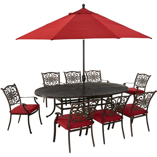 Hanover - Traditions 9pc: 8 Dining Chairs, 96"x60" Oval Cast Table, Umbrella, Base - Red/Bronze-United Backyard