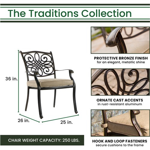 Hanover - Traditions 9pc: 8 Dining Chairs, 96"x60" Oval Cast Table, Umbrella, Base - Tan/Bronze-United Backyard