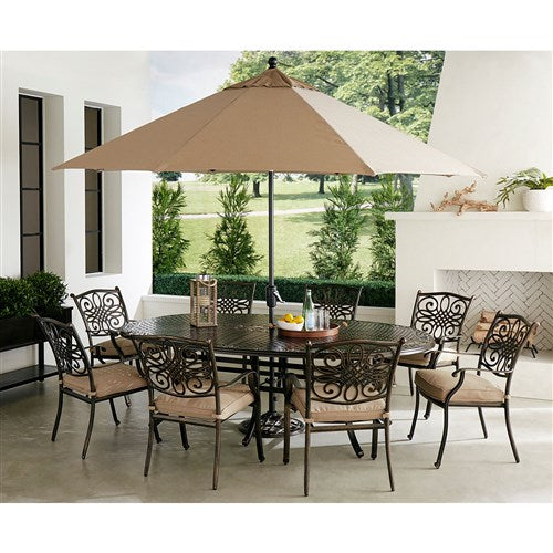 Hanover - Traditions 9pc: 8 Dining Chairs, 96"x60" Oval Cast Table, Umbrella, Base - Tan/Bronze-United Backyard