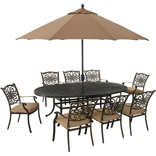 Hanover - Traditions 9pc: 8 Dining Chairs, 96"x60" Oval Cast Table, Umbrella, Base - Tan/Bronze-United Backyard