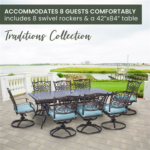Hanover - Traditions 9pc: 8 Swivel Rockers, 42x84" Cast Table - Blue/Cast-United Backyard