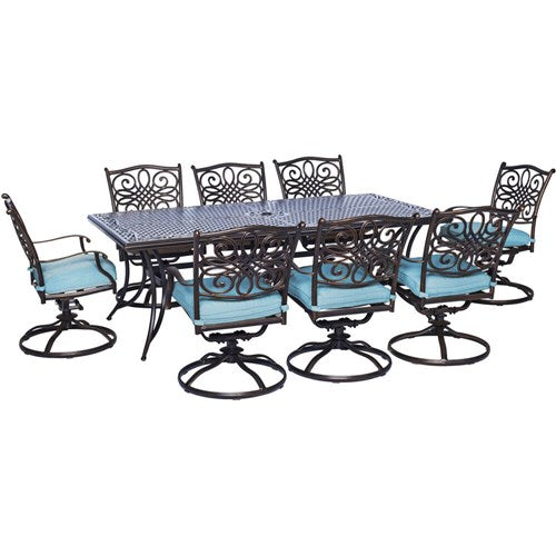 Hanover - Traditions 9pc: 8 Swivel Rockers, 42x84" Cast Table - Blue/Cast-United Backyard