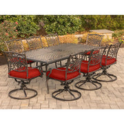 Hanover - Traditions 9pc: 8 Swivel Rockers, 42x84" Cast Table - Red/Cast-United Backyard