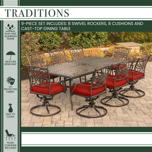 Hanover - Traditions 9pc: 8 Swivel Rockers, 42x84" Cast Table - Red/Cast-United Backyard