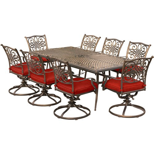 Hanover - Traditions 9pc: 8 Swivel Rockers, 42x84" Cast Table - Red/Cast-United Backyard