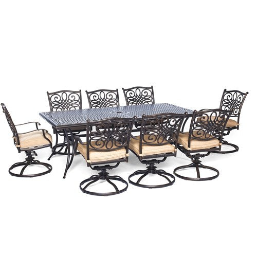 Hanover - Traditions 9pc: 8 Swivel Rockers, 42x84" Cast Table - Tan/Cast-United Backyard