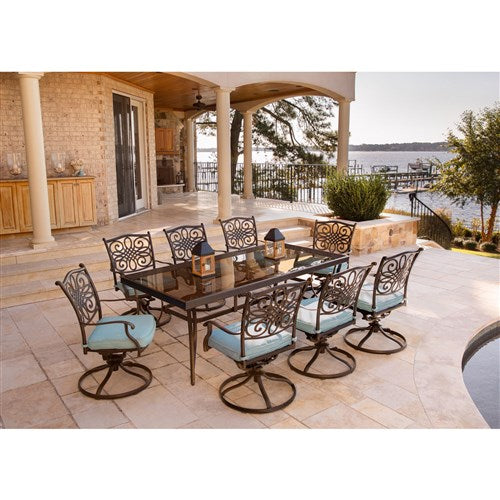 Hanover - Traditions 9pc: 8 Swivel Rockers, 42x84" Glass Top Table - Blue/Glass-United Backyard