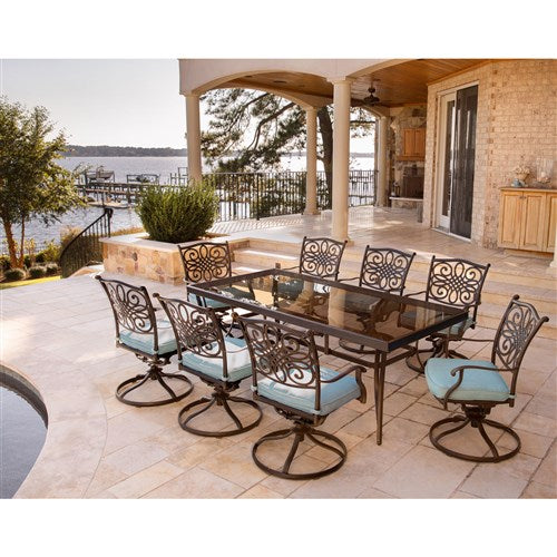 Hanover - Traditions 9pc: 8 Swivel Rockers, 42x84" Glass Top Table - Blue/Glass-United Backyard