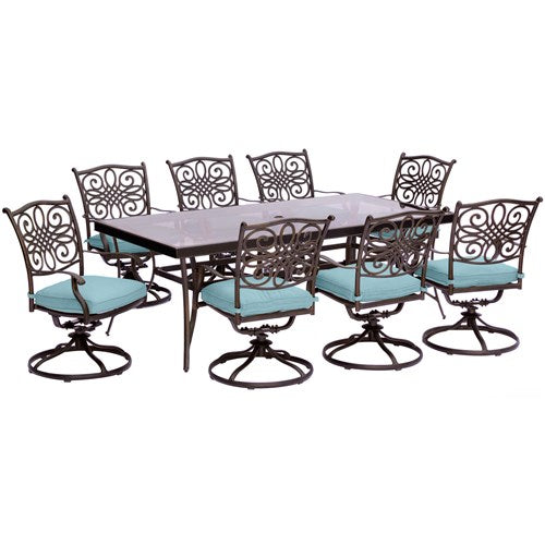 Hanover - Traditions 9pc: 8 Swivel Rockers, 42x84" Glass Top Table - Blue/Glass-United Backyard