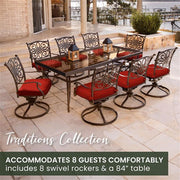 Hanover - Traditions 9pc: 8 Swivel Rockers, 42x84" Glass Top Table - Red/Glass-United Backyard