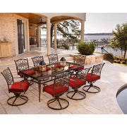 Hanover - Traditions 9pc: 8 Swivel Rockers, 42x84" Glass Top Table - Red/Glass-United Backyard