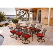 Hanover - Traditions 9pc: 8 Swivel Rockers, 42x84" Glass Top Table - Red/Glass-United Backyard