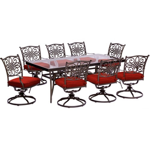 Hanover - Traditions 9pc: 8 Swivel Rockers, 42x84" Glass Top Table - Red/Glass-United Backyard