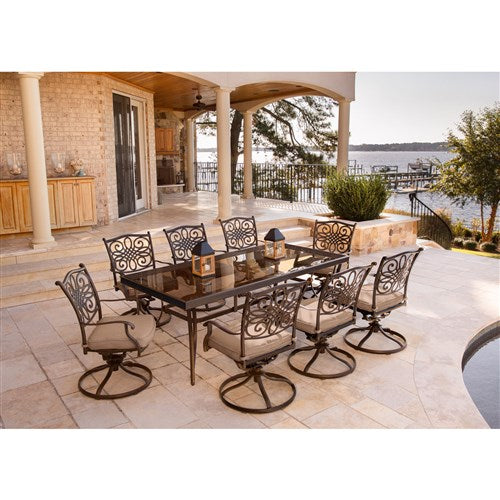 Hanover - Traditions 9pc: 8 Swivel Rockers, 42x84" Glass Top Table - Tan/Glass-United Backyard