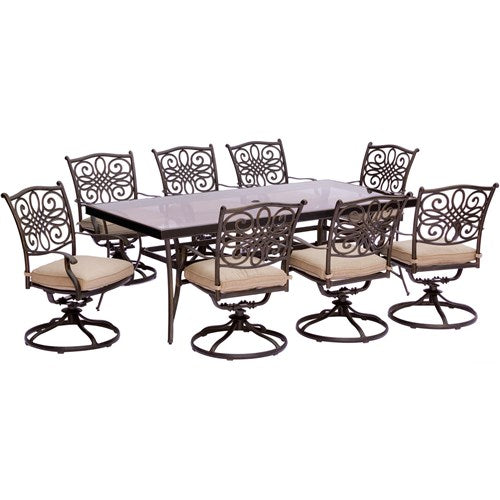 Hanover - Traditions 9pc: 8 Swivel Rockers, 42x84" Glass Top Table - Tan/Glass-United Backyard