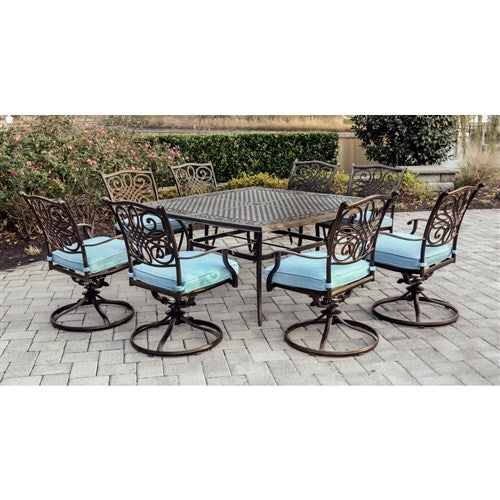 Hanover - Traditions 9pc: 8 Swivel Rockers, 60" Square Cast Table - Blue/Cast-United Backyard