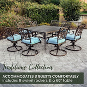 Hanover - Traditions 9pc: 8 Swivel Rockers, 60" Square Cast Table - Blue/Cast-United Backyard