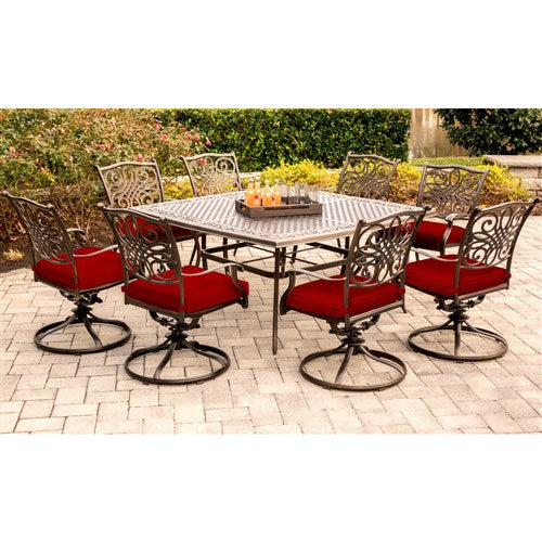 Hanover - Traditions 9pc: 8 Swivel Rockers, 60" Square Cast Table - Red/Cast-United Backyard