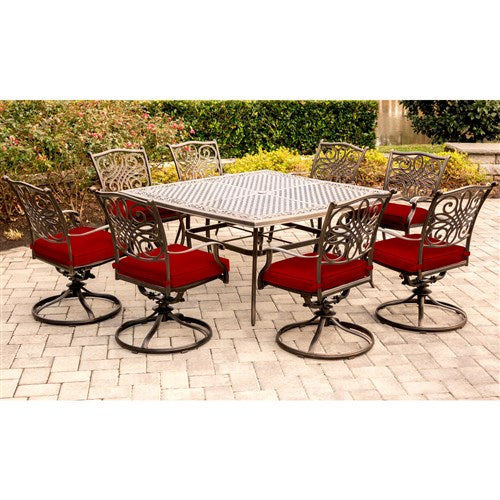 Hanover - Traditions 9pc: 8 Swivel Rockers, 60" Square Cast Table - Red/Cast-United Backyard