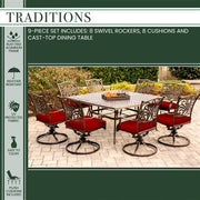 Hanover - Traditions 9pc: 8 Swivel Rockers, 60" Square Cast Table - Red/Cast-United Backyard