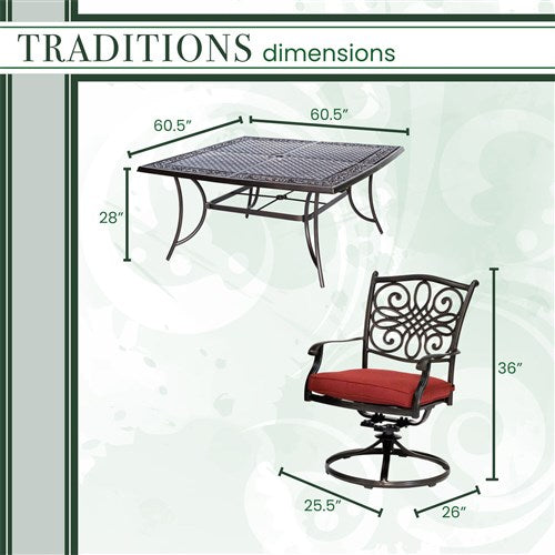 Hanover - Traditions 9pc: 8 Swivel Rockers, 60" Square Cast Table - Red/Cast-United Backyard