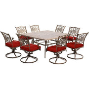 Hanover - Traditions 9pc: 8 Swivel Rockers, 60" Square Cast Table - Red/Cast-United Backyard