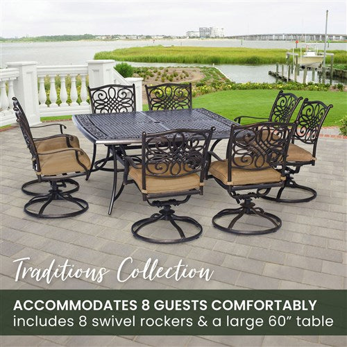 Hanover - Traditions 9pc: 8 Swivel Rockers, 60" Square Cast Table - Tan/Cast-United Backyard