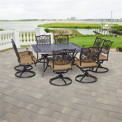 Hanover - Traditions 9pc: 8 Swivel Rockers, 60" Square Cast Table - Tan/Cast-United Backyard