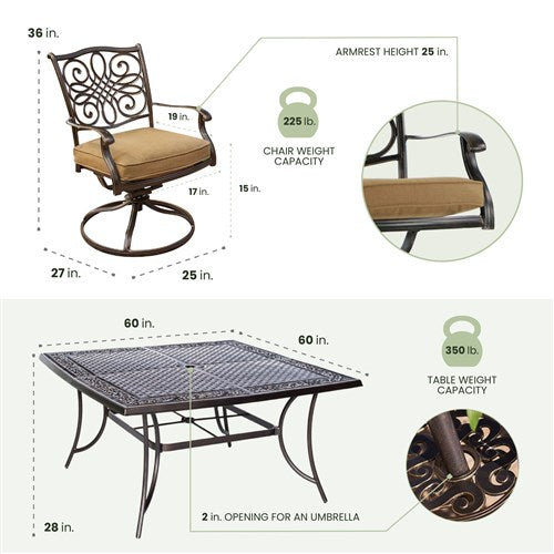 Hanover - Traditions 9pc: 8 Swivel Rockers, 60" Square Cast Table - Tan/Cast-United Backyard