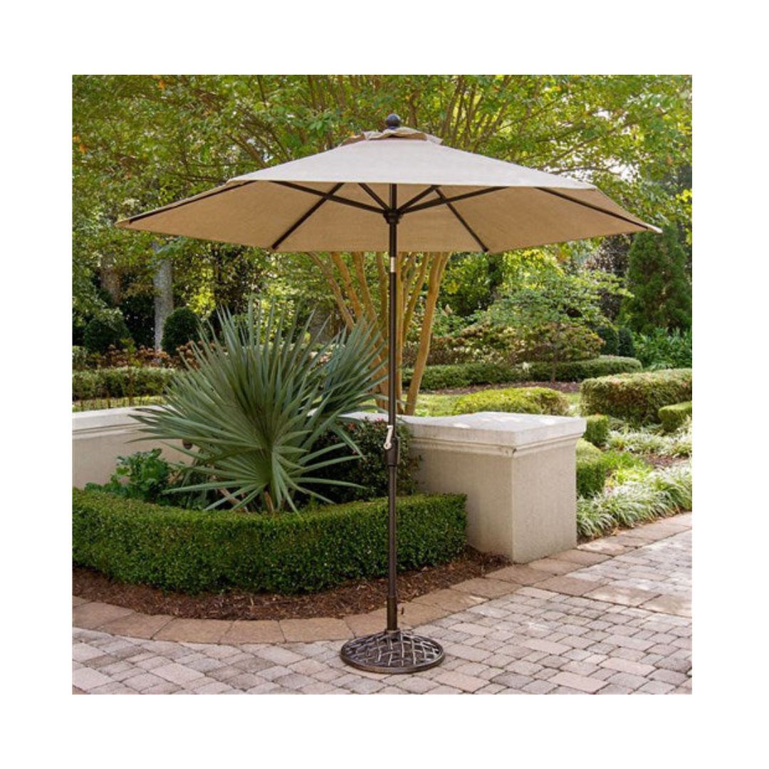 Hanover - Traditions 9pc: 8 Swivel Rockers, 60" Square Cast Top Table, Umbrella, Base - Tan/Glass-United Backyard