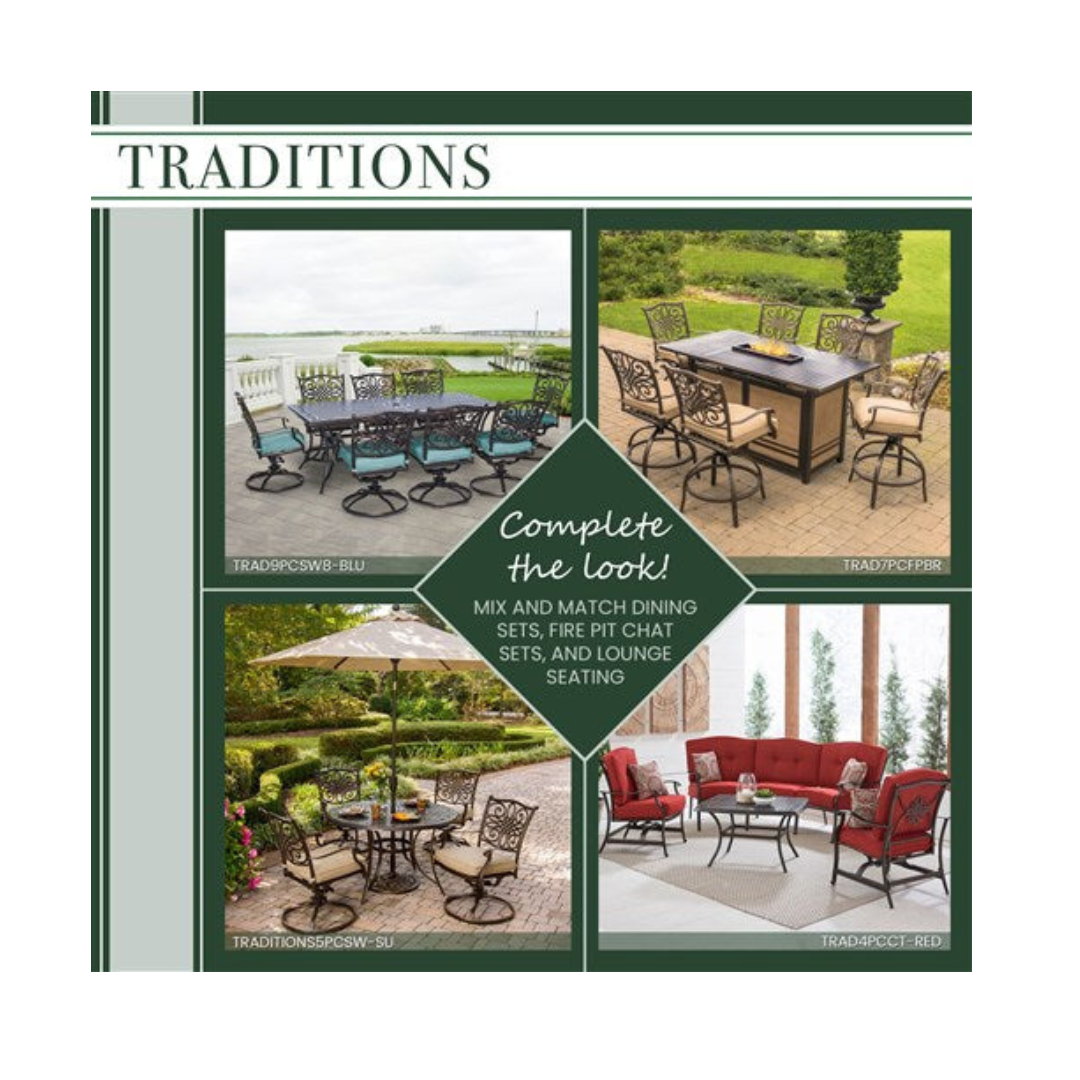 Hanover - Traditions 9pc: 8 Swivel Rockers, 60" Square Cast Top Table, Umbrella, Base - Tan/Glass-United Backyard