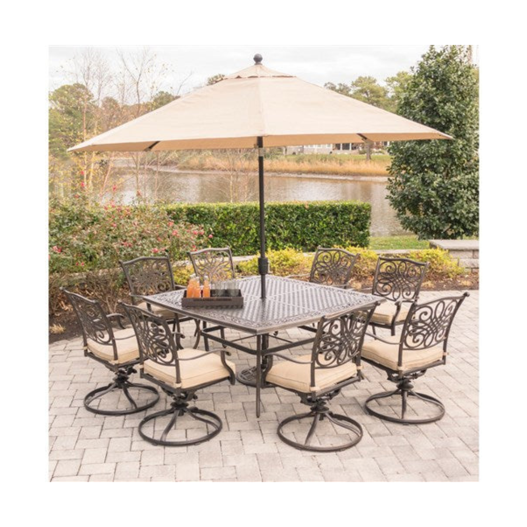 Hanover - Traditions 9pc: 8 Swivel Rockers, 60" Square Cast Top Table, Umbrella, Base - Tan/Glass-United Backyard