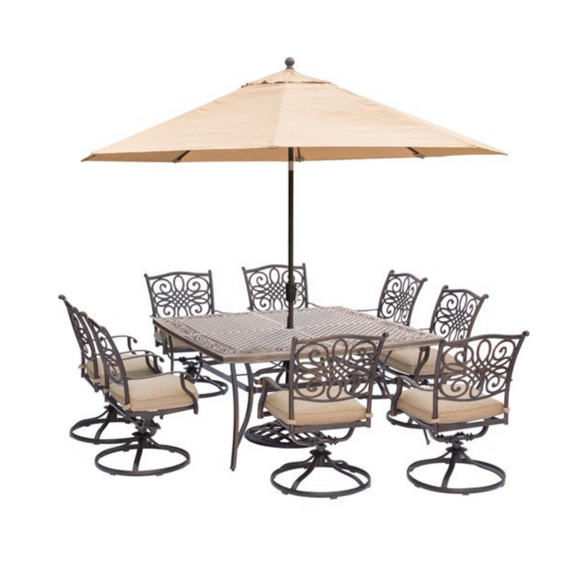 Hanover - Traditions 9pc: 8 Swivel Rockers, 60" Square Cast Top Table, Umbrella, Base - Tan/Glass-United Backyard