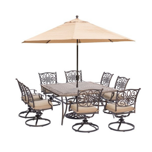 Hanover - Traditions 9pc: 8 Swivel Rockers, 60" Square Cast Top Table, Umbrella, Base - Tan/Glass-United Backyard