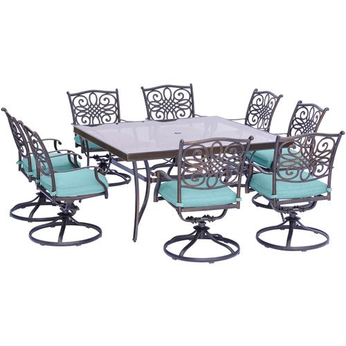 Hanover - Traditions 9pc: 8 Swivel Rockers, 60" Square Glass Top Table - Blue/Glass-United Backyard