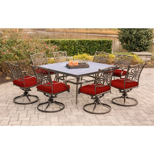 Hanover - Traditions 9pc: 8 Swivel Rockers, 60" Square Glass Top Table - Red/Glass-United Backyard