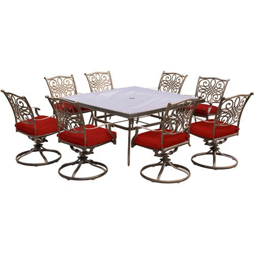 Hanover - Traditions 9pc: 8 Swivel Rockers, 60" Square Glass Top Table - Red/Glass-United Backyard