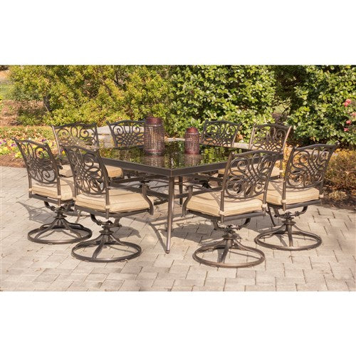 Hanover - Traditions 9pc: 8 Swivel Rockers, 60" Square Glass Top Table - Tan/Glass-United Backyard