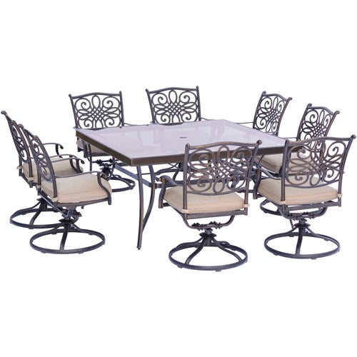 Hanover - Traditions 9pc: 8 Swivel Rockers, 60" Square Glass Top Table - Tan/Glass-United Backyard