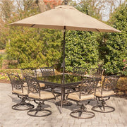 Hanover - Traditions 9pc: 8 Swivel Rockers, 60" Square Glass Top Table, Umbrella, Base - Tan/Glass-United Backyard